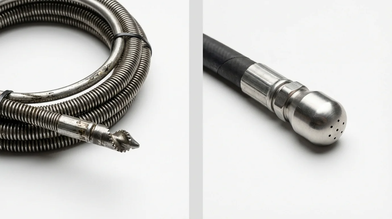 Drain snake cable and hydro jetting nozzle used for drain cleaning in Newport, WA