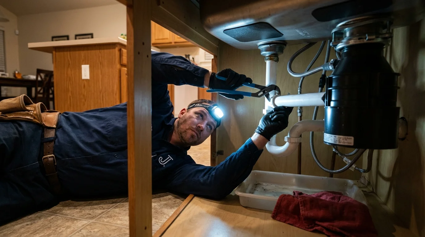 P-trap and supply line connections under a kitchen sink showing a common leak point in Newport, WA